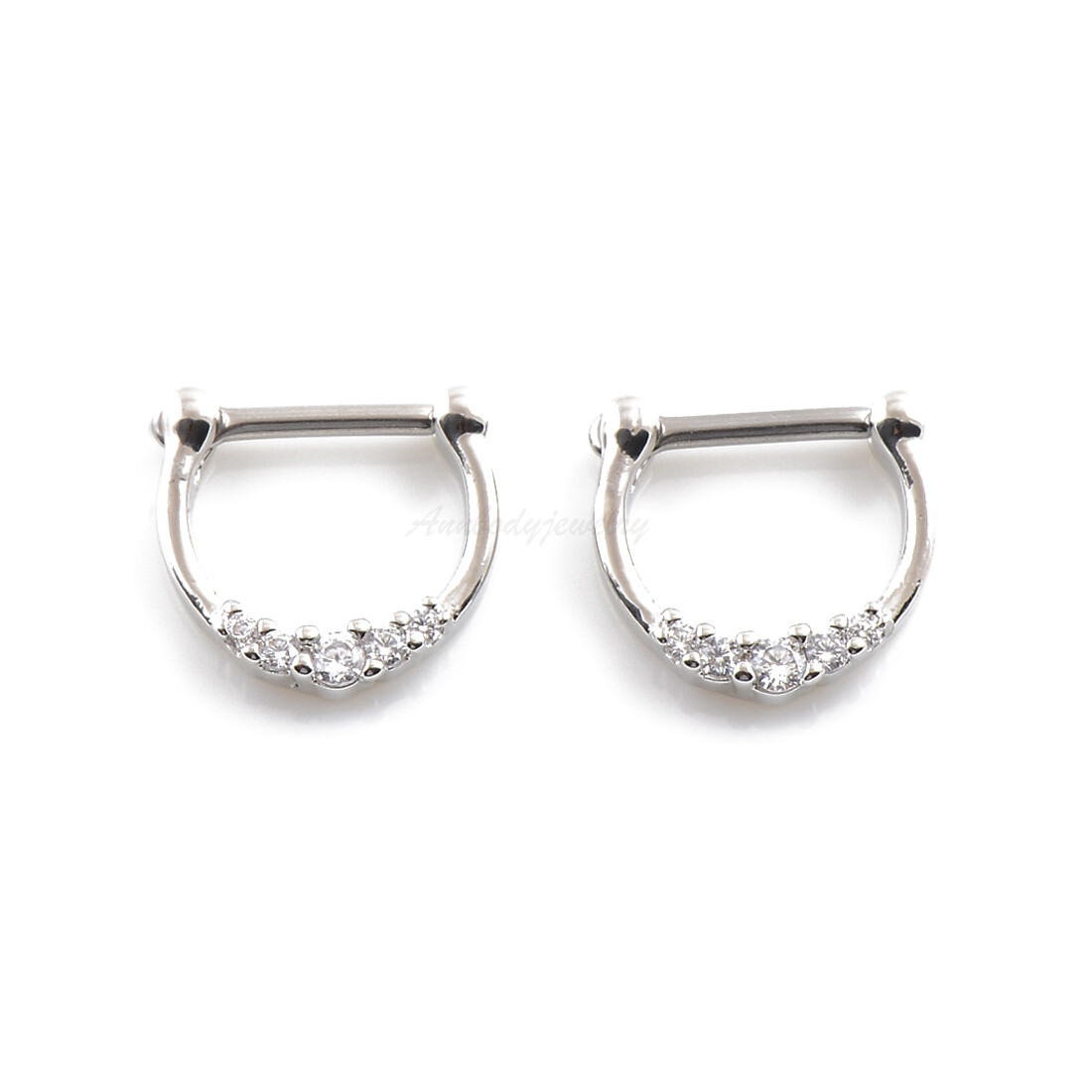 16G 5/16″ (8mm) Plated on Brass 5 CZ Clear Gems Septum Clicker Nose Ring