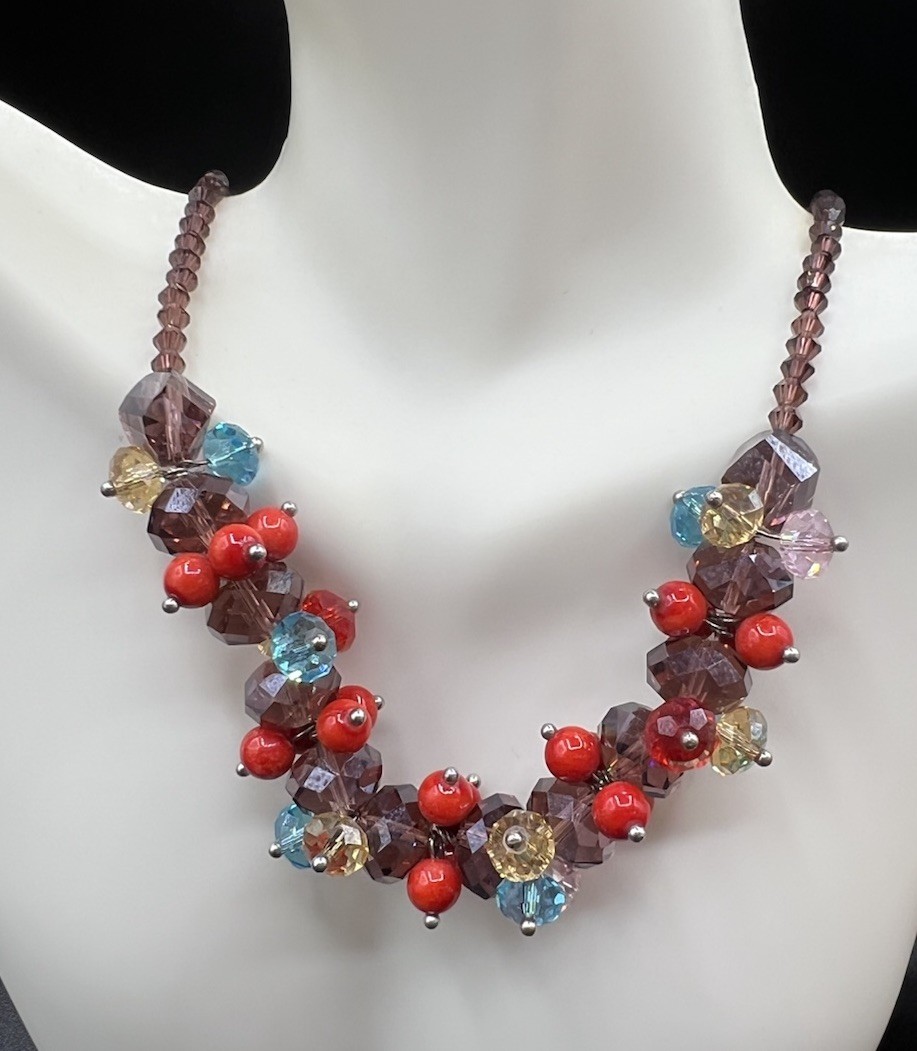Faceted Glass Bead Cluster Necklace, 17”, 2” Extender