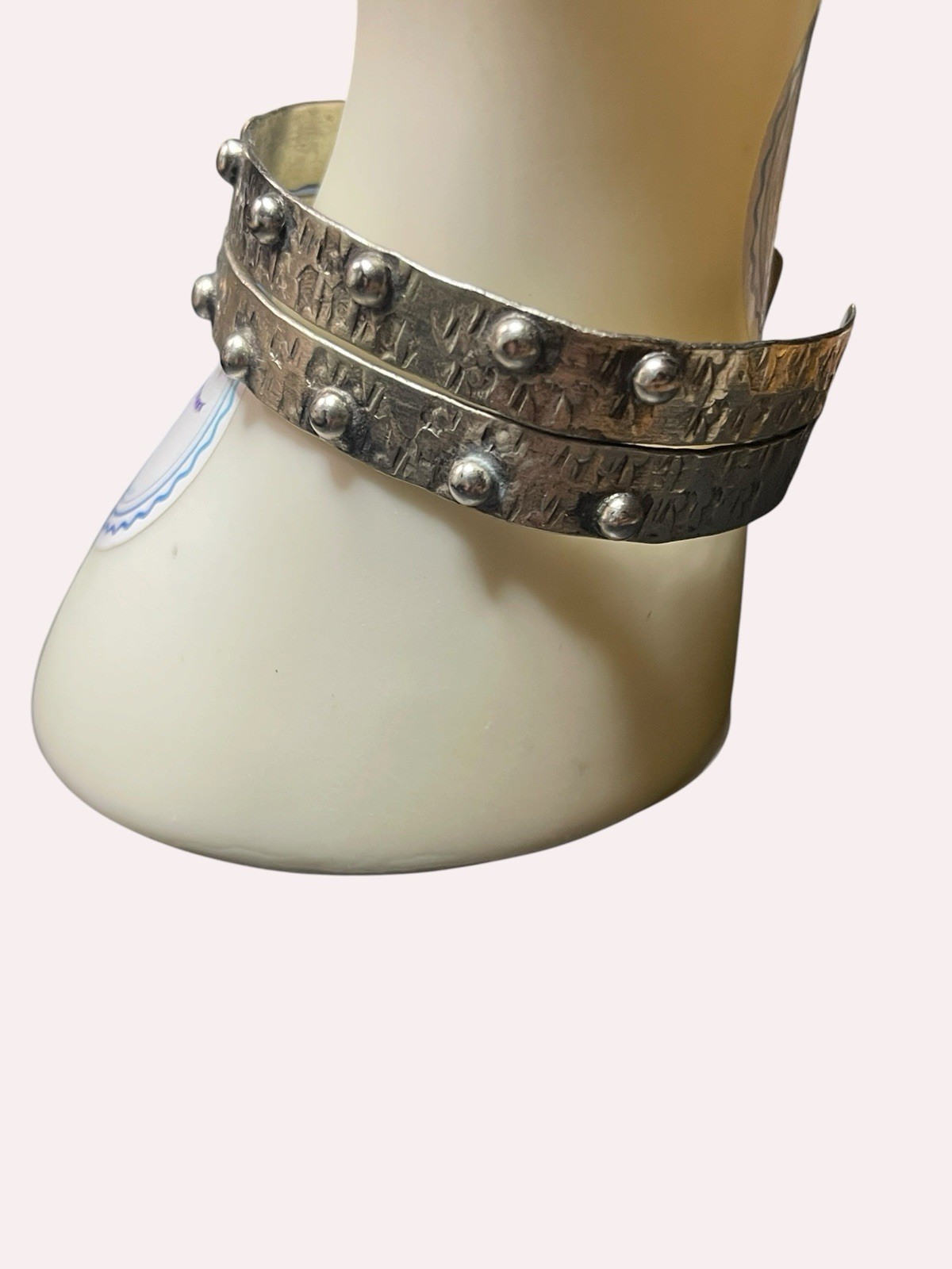 Vintage Silver Cuff Bracelet Tribal Style Hammered Studded Artisan 26g EUC