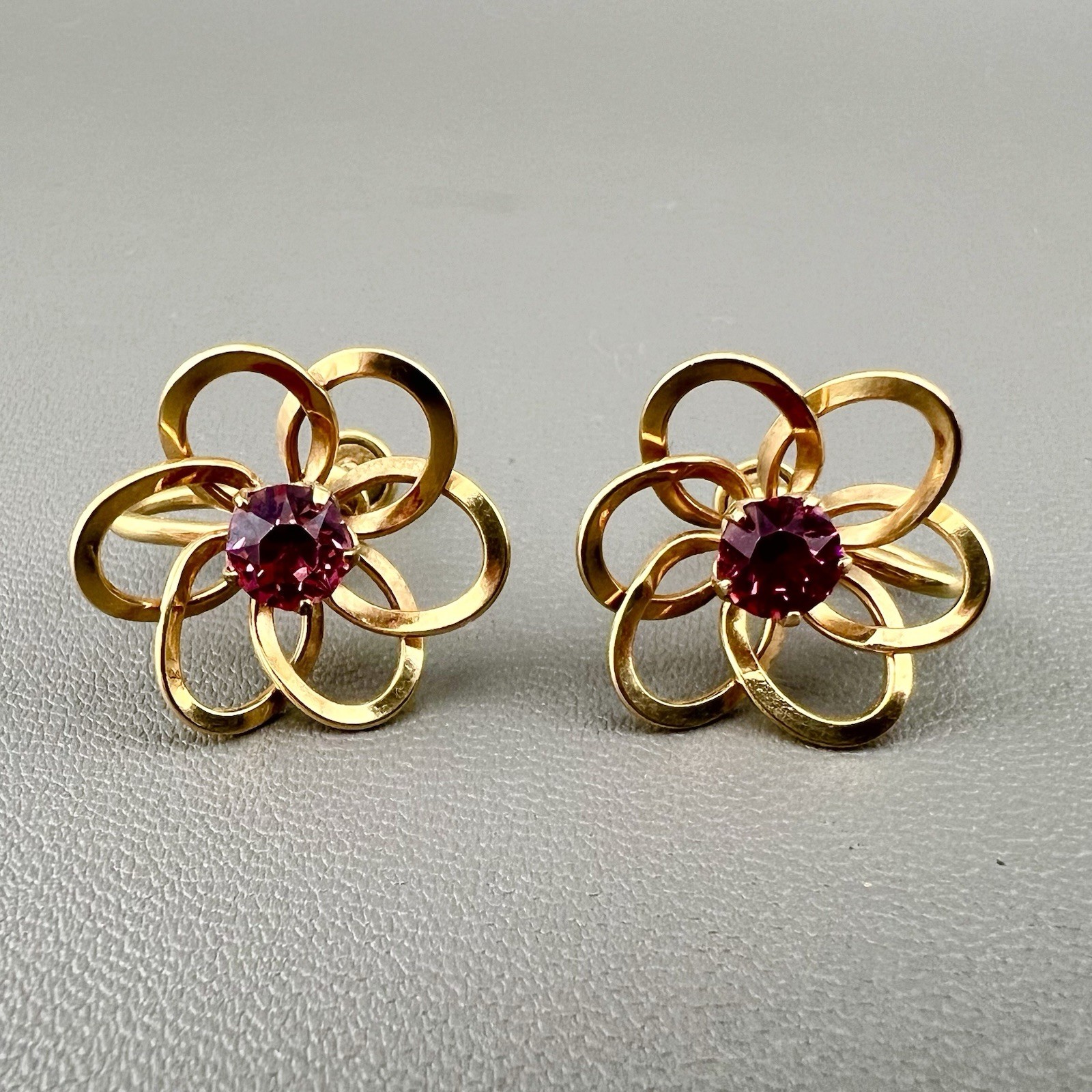 Vintage Earrings Pink Rhinestone Gold Filled Flower Screw Back HG Signed