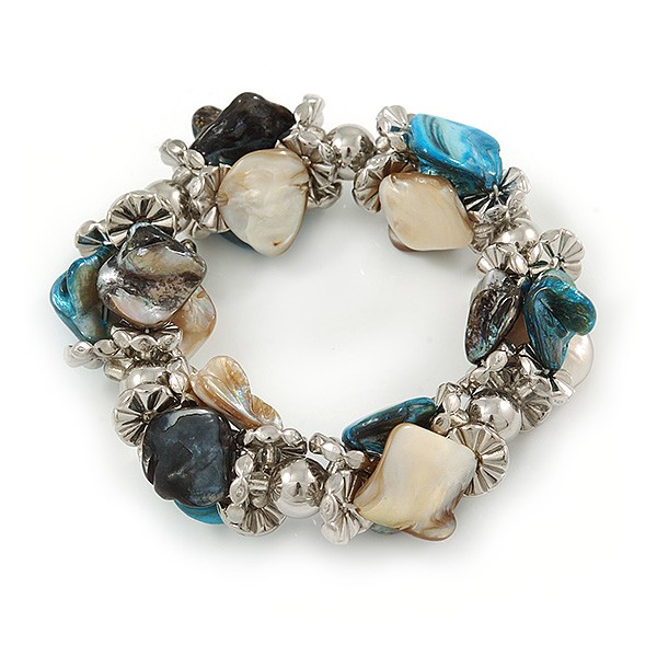 Blue/ Natural Sea Shell Silver Tone Acrylic Bead Flex Bracelet – 18cm L