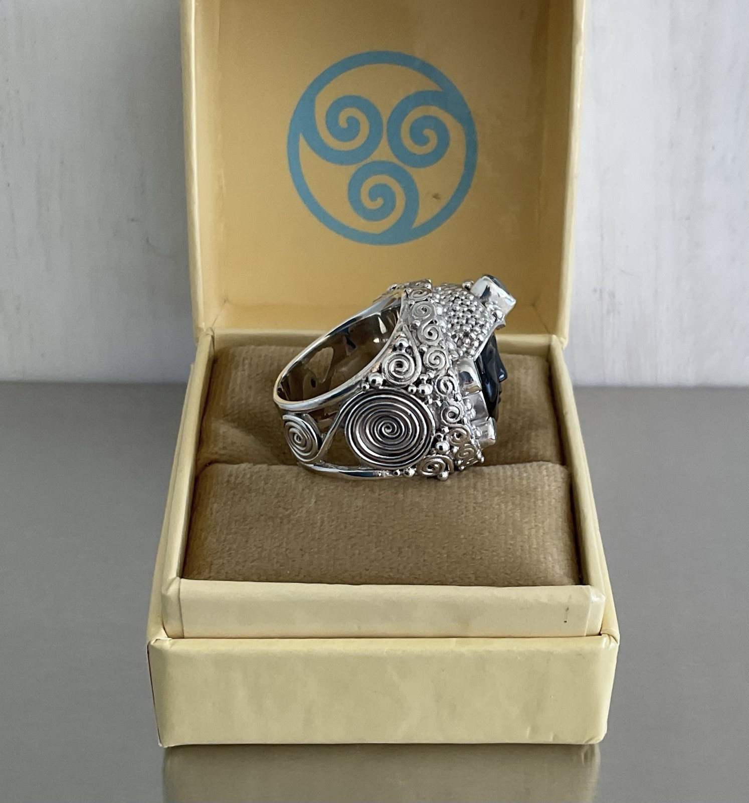 Sajen Carved Obsidian Goddess Face & Blue Topaz Ring 925 Sterling Silver Size 7