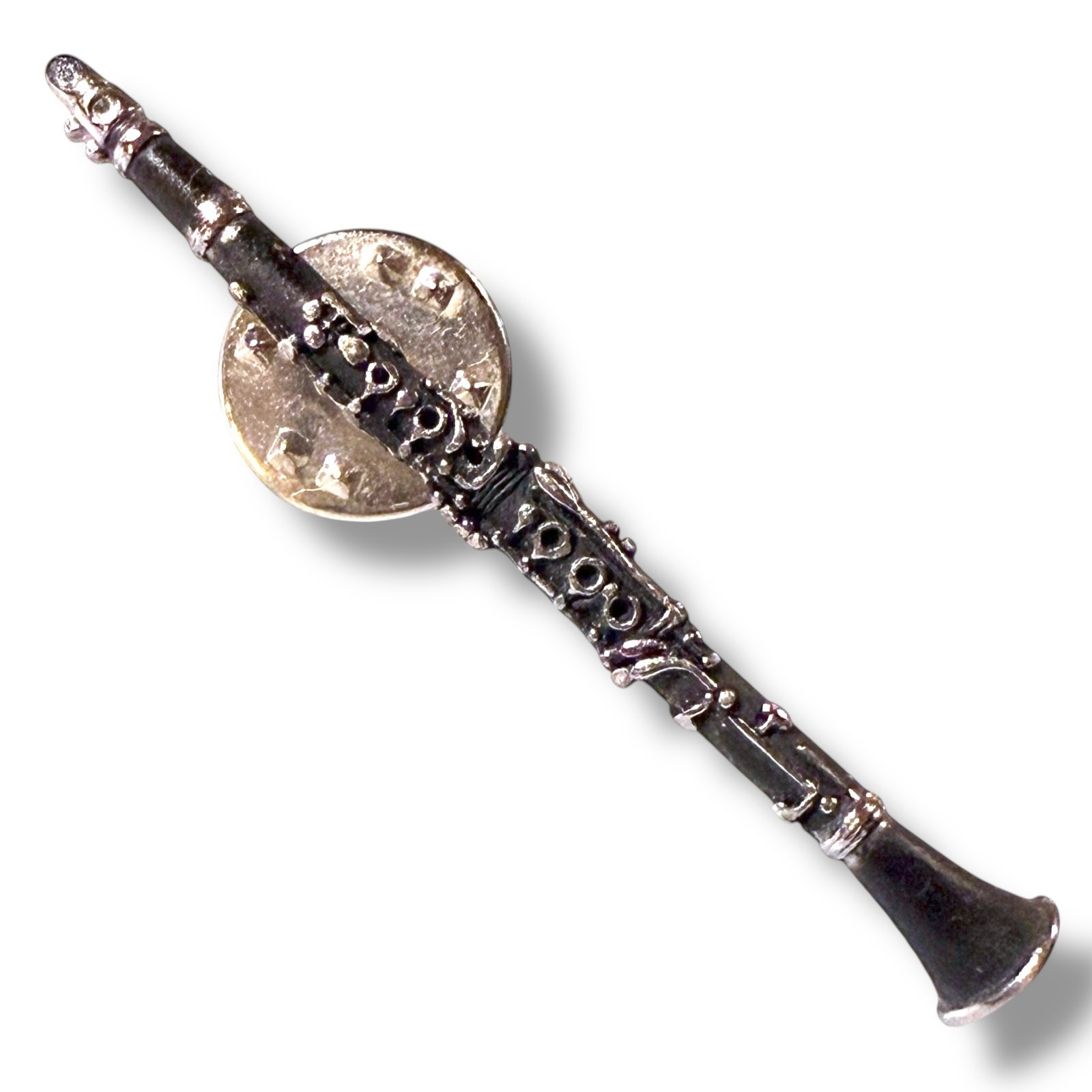 Vintage Future Primitive Lapel Pin Miniature Clarinet Silver Tone Black Patina