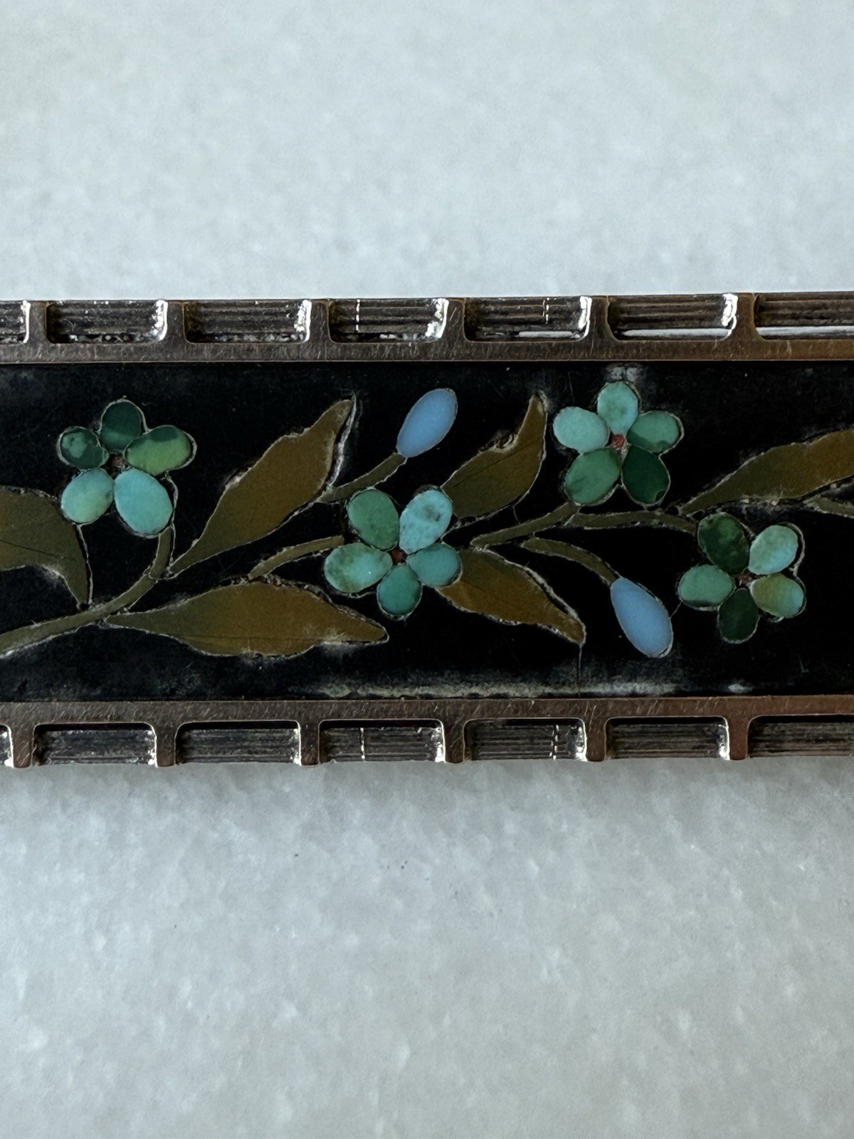 Antique Victorian Pietra Dura Forget-Me-Not 9ct Gold & Silver Mounted Pin/Brooch