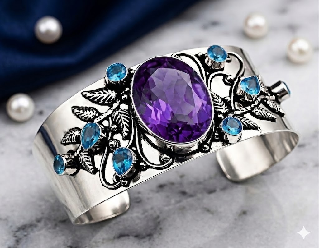 925 Sterling Silver Amethyst & Blue Topaz Gemstone Jewelry Cuff Bracelet Size
