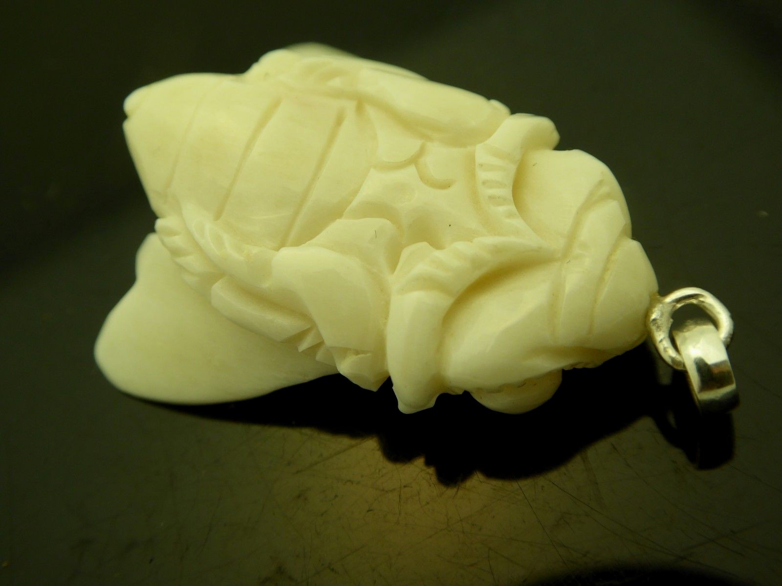 Carved Honey Bee Water Buffalo Bubalus Bubalis Bone Sterling 925 Amulet Necklace