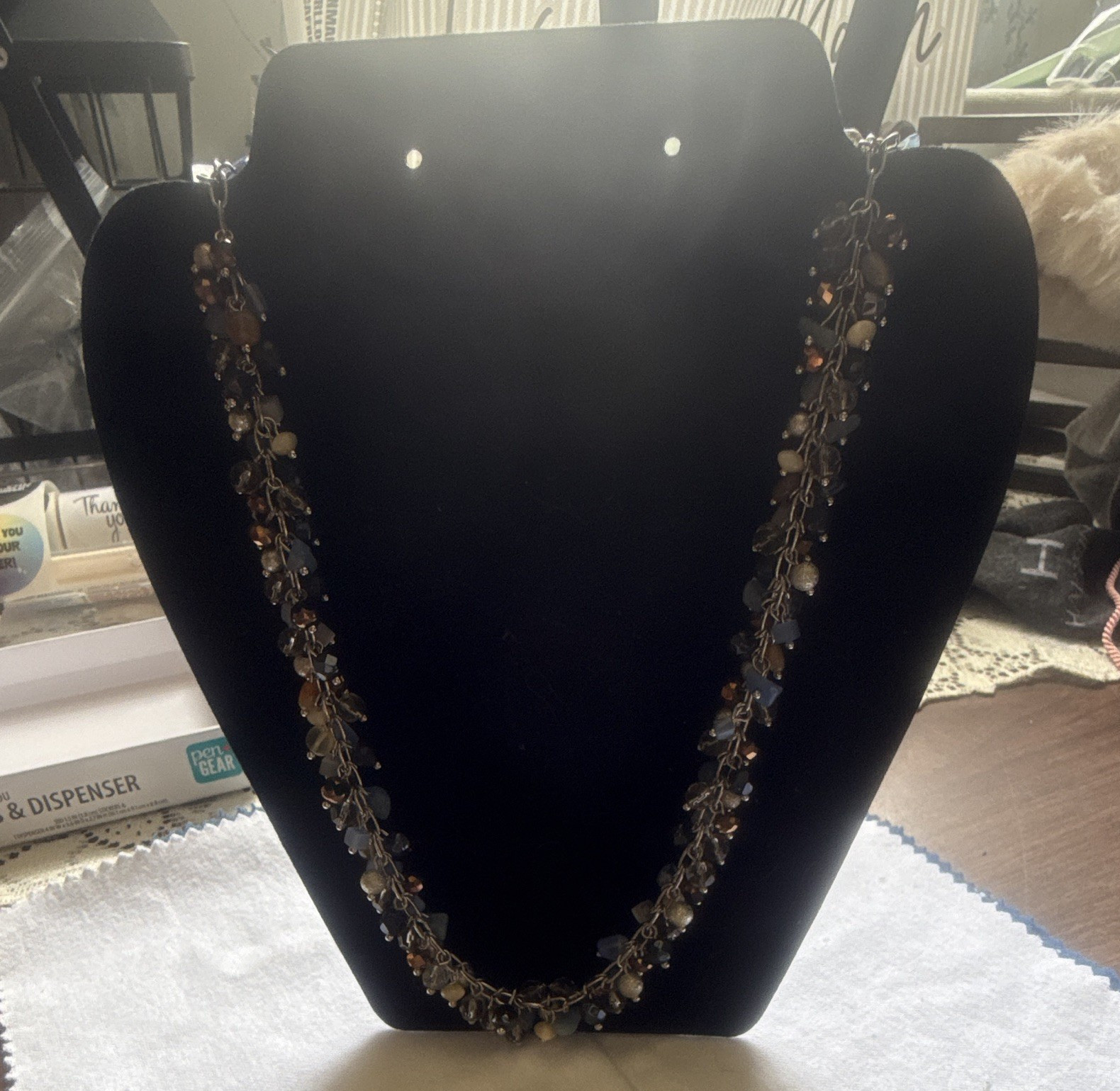 Blue Gold Tone Beaded Crystal Glass Tie Adjustable Necklace Round Stone