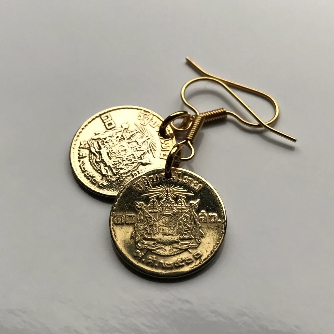 1957 Thailand Siam coin earrings Wat Arun Erawan Lan Xang Bangkok Phuket e000388