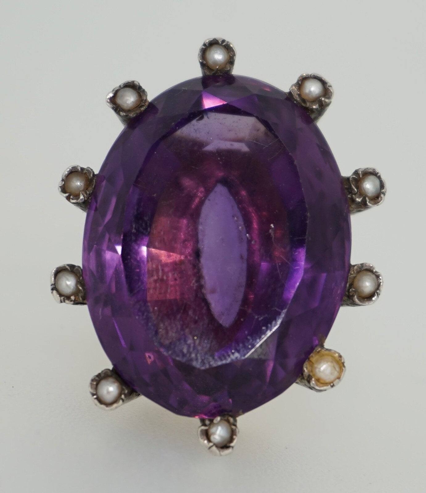 Antique 14K & Silver 43 Carat Amethyst & Seed Pearl Cocktail Ring