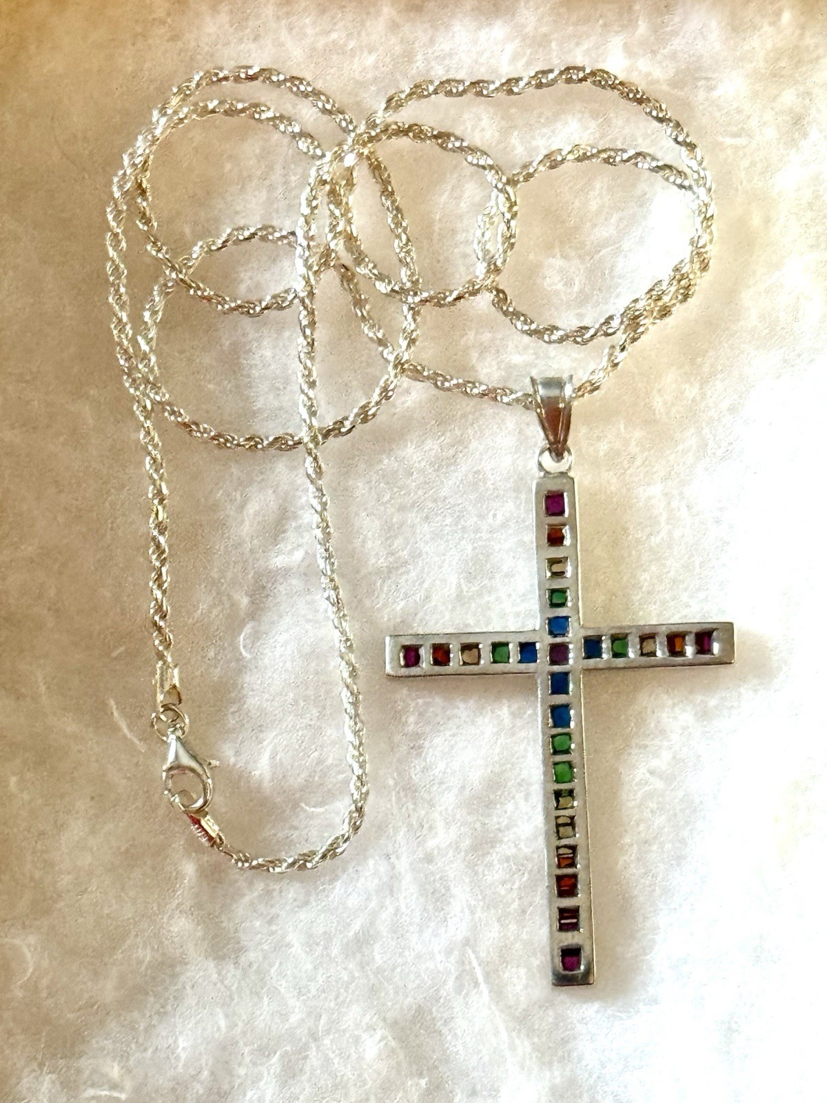 Rainbow Cross Solid 925 Silver Semi Precious Stones Custom Piece Large