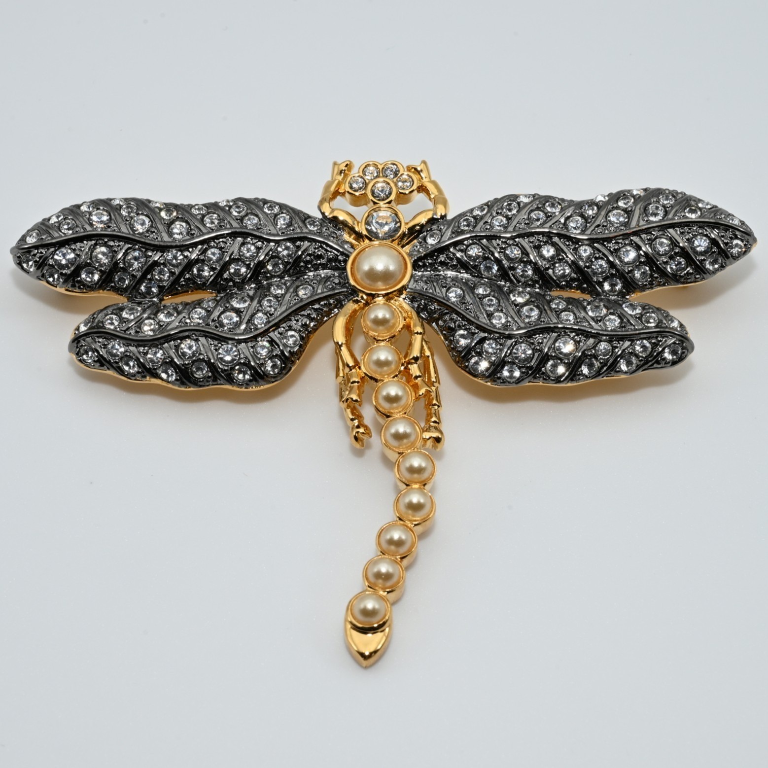 KJL Gold Tone Dragonfly Brooch Pin Rhinestone Faux Pearl Wings Insect Jewelry
