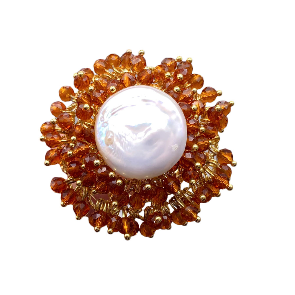 Cultured White Coin Pearl Brown Crystal Gold Plated Party Adjustable Ring