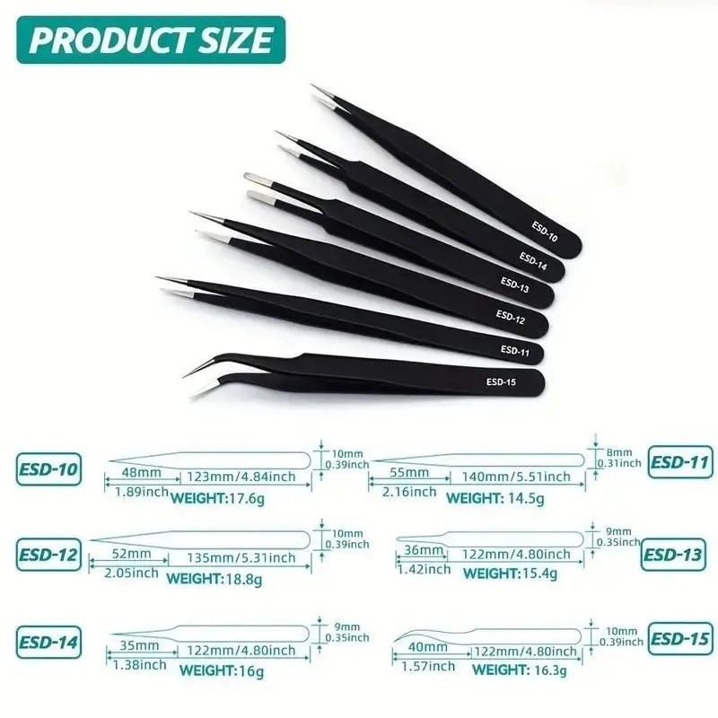 6pc Precision Tweezers Set ESD Anti-Static Stainless Steel Tools for Electronics