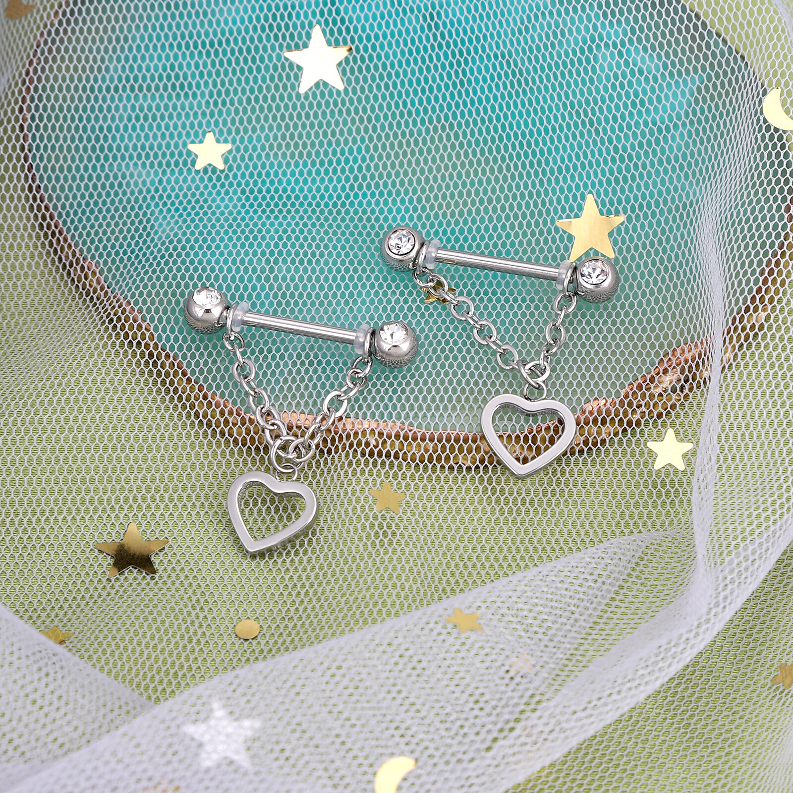 Pair Surgical Steel Nipple Shield Chain Dangle Barbell Straight Tongue Rings 14G