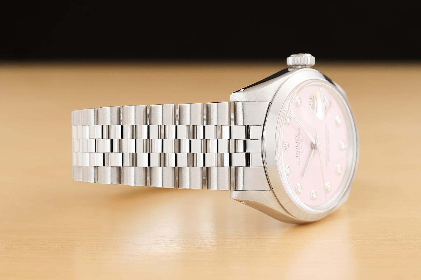 ROLEX OYSTER PERPETUAL DATE 34MM 1500 PINK DIAMOND DIAL STAINLESS STEEL WATCH