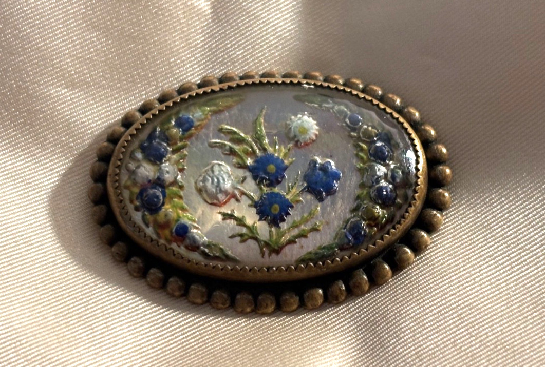 Antique Brass Goofus Glass Reverse Carved Pin Brooch Early 20th C.