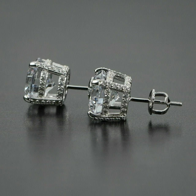 2Ct Round Cut Real Moissanite Men’s Cluster Stud Earrings 14K White Gold Plated