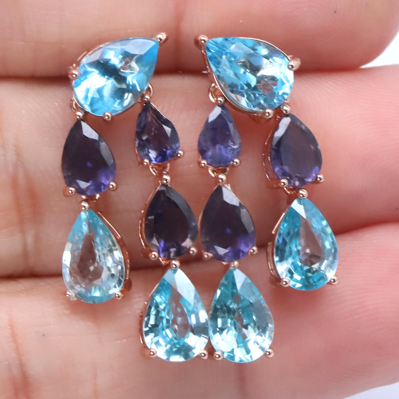 925 Sterling Silver 6 x 9 MM. Sky Blue Topaz Zircon Iolite Earrings