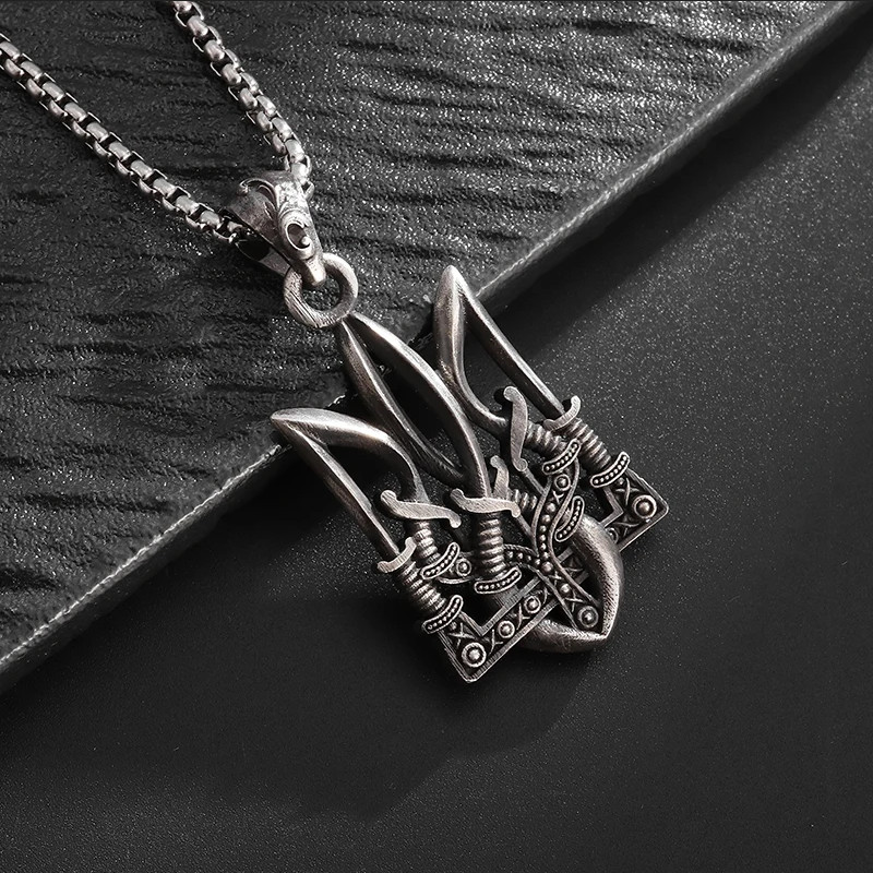 Coat Of Arms Of Ukraine Trident Sword Tryzub Jewelry Silver Pendant Necklace
