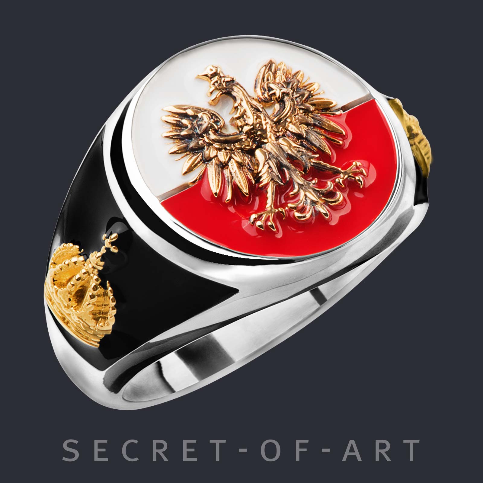 Poland Ring Polish with eagle crown Silver 925 18K-Gold-Plated Size 8-13 US