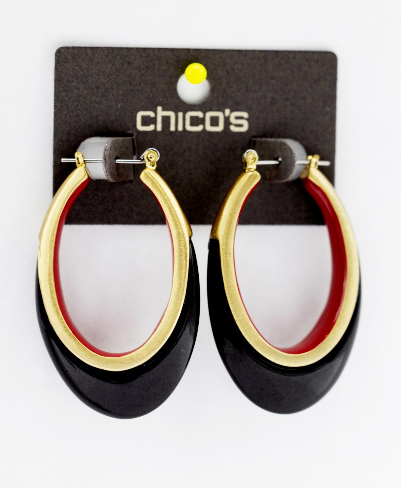 Chico’s black red and gold-tone dangle hoop earrings New