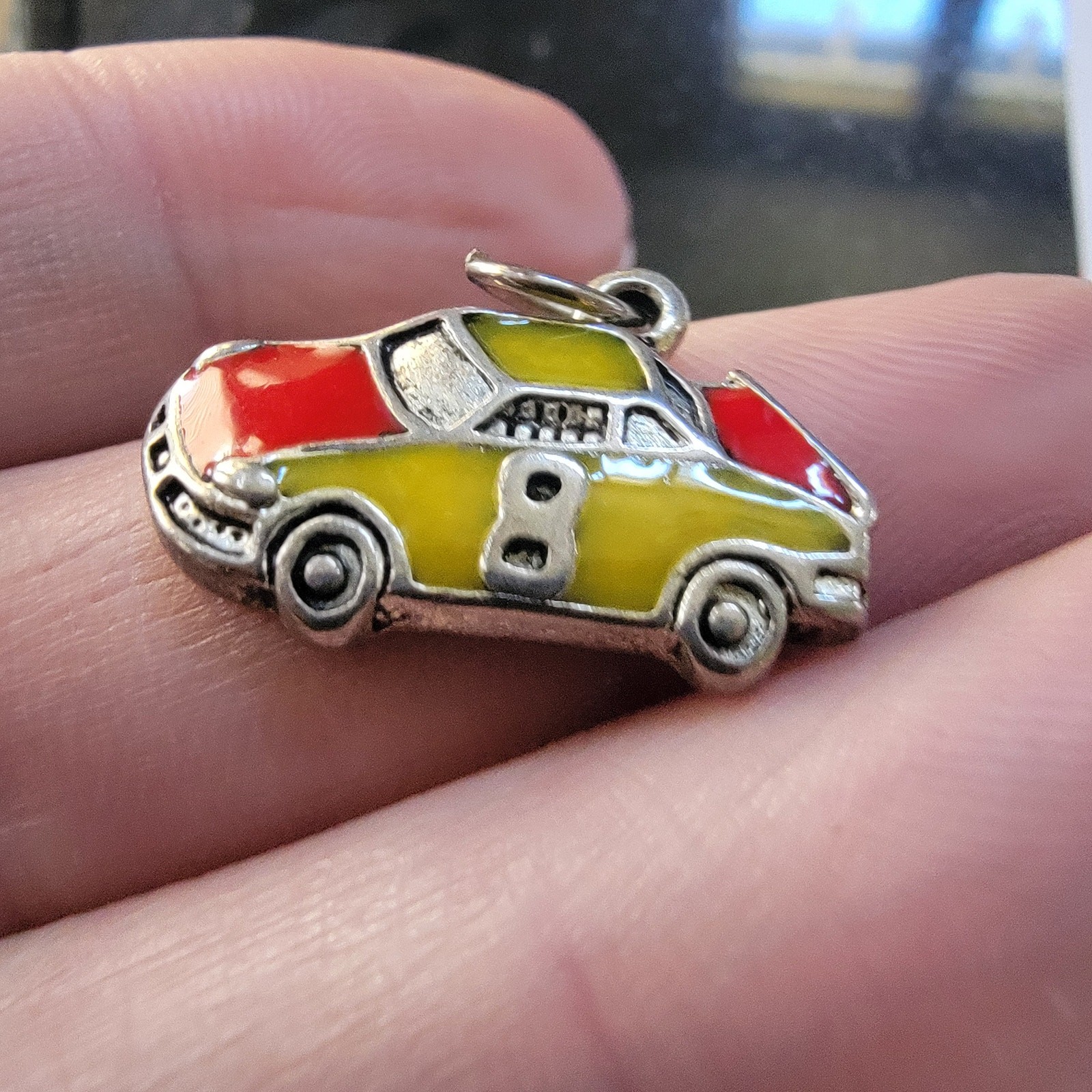 Vintage Charm Enamel Race Car Pendant Yellow Red 8 Silver Tone Sports Coupe Toy