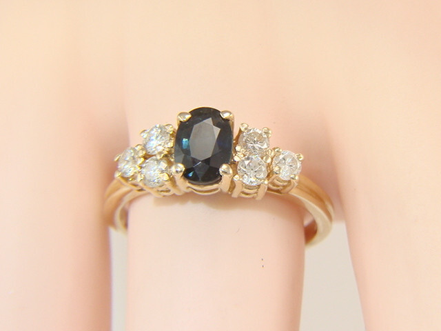 14K Yellow Gold Blue Sapphire & Diamond Cocktail or Right Hand Ring Size 7.25