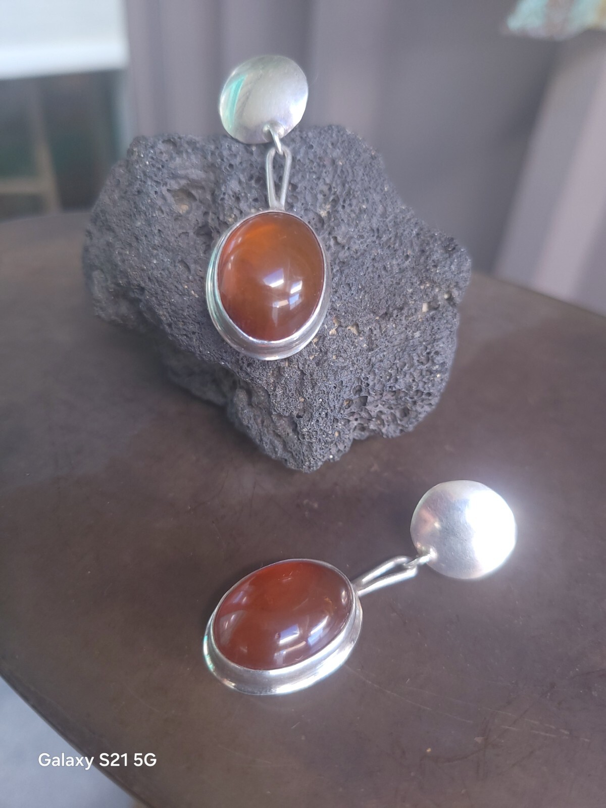 Susan Cummings 2″ Pierced Earrings Modern Silver & Amber McClure’s Nashville Tn