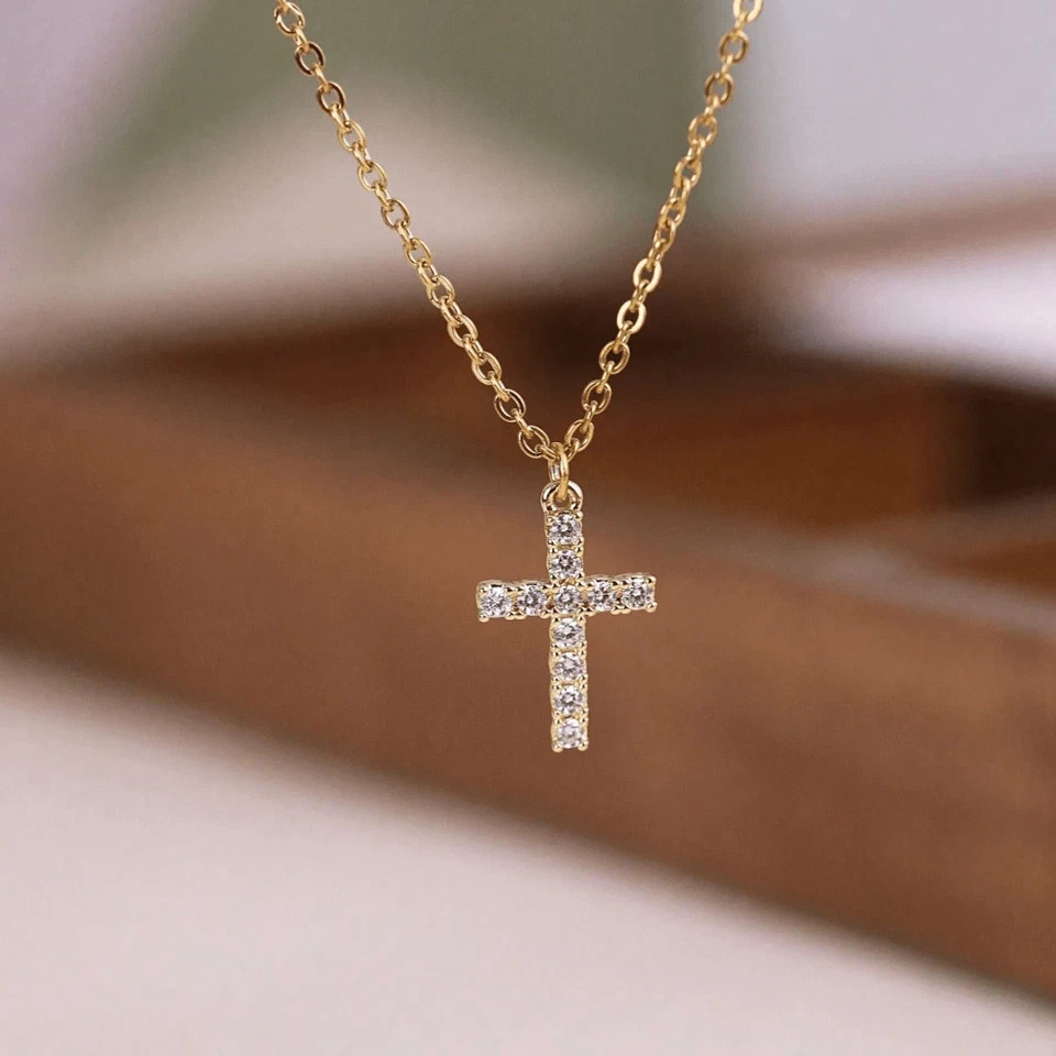14K Rose Gold Plated 1.00Ct Lab Created Diamond Mini Cross Pendant Necklace 18”