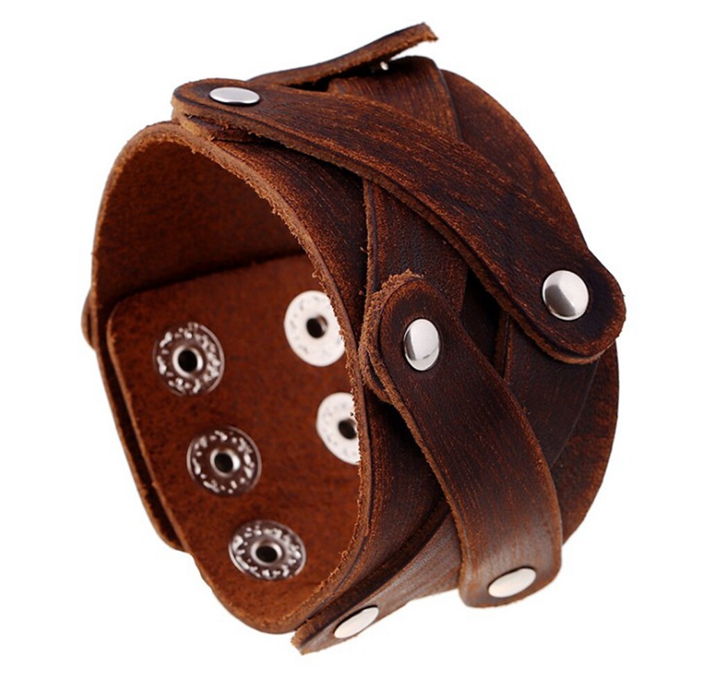 Men Punk 4cm Wide Vintage Twist Wide Genuine Leather Wristband/ Leather Bracelet