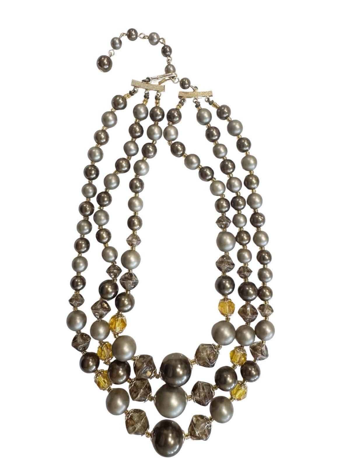 Vintage 3-Strand Simulated Pearl & Amber Bib Style Choker Statement Necklace