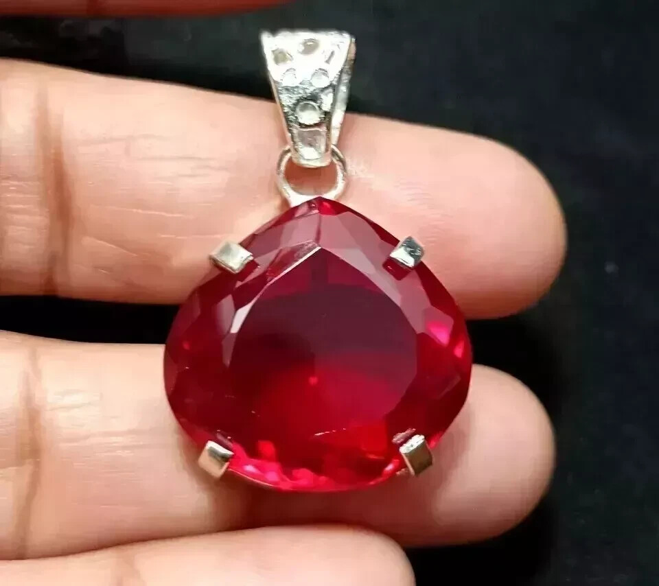 50 Ct+ Natural Burmese Heart RUBY 925 Solid Silver Pendant Certified Gemstone