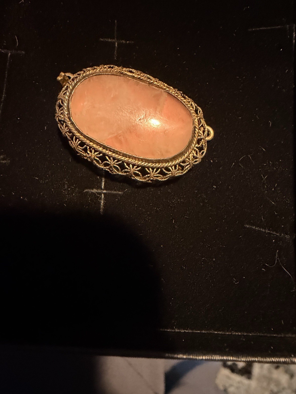 Vintage Mid- 20th Century Rose Pink Quartz Brass Tone Filigree
