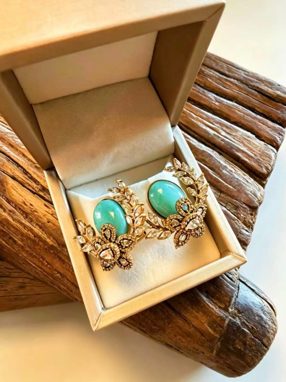 Turquoise Floral Earrings Vintage Gold Crystal Statement Luxury Jewelry Gift