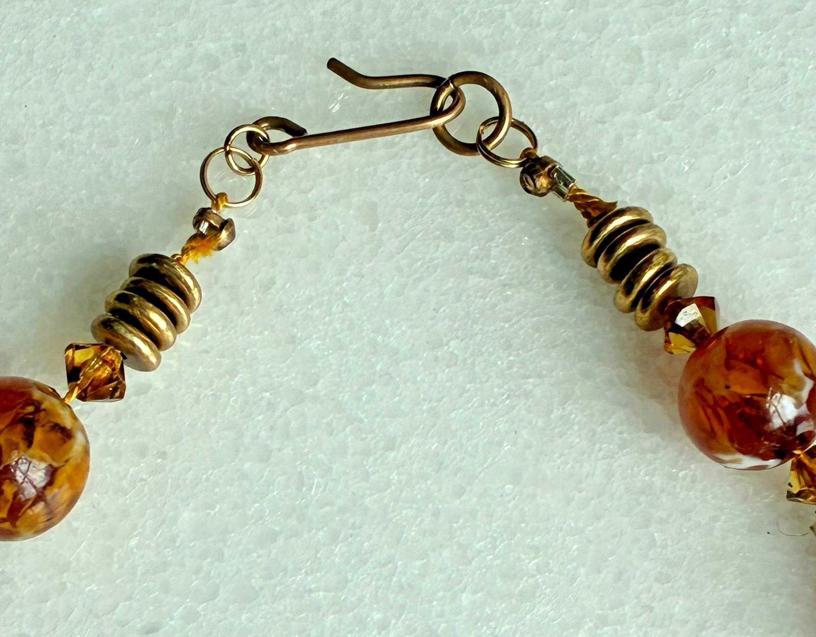 Art Deco Czech Amber Glass Necklace Marbled Beads 12mm 17.75″ Vintage