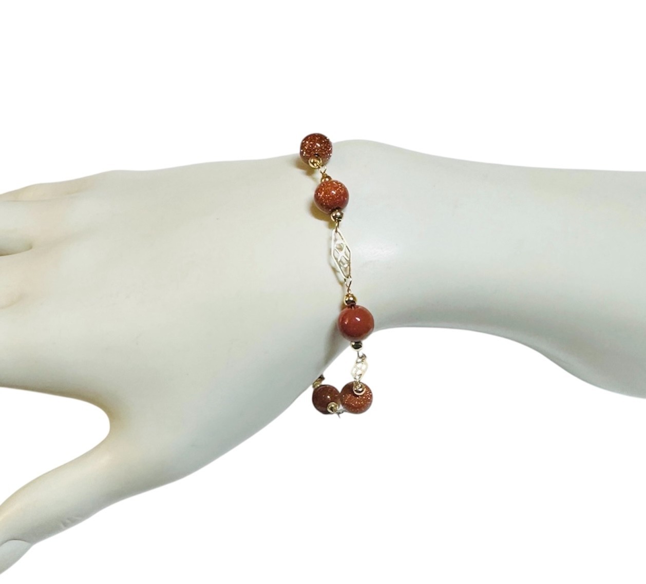 14 Karat Yellow Gold Filled 8mm Brown Goldstone “Venturina” 8in Plaque Bracelet