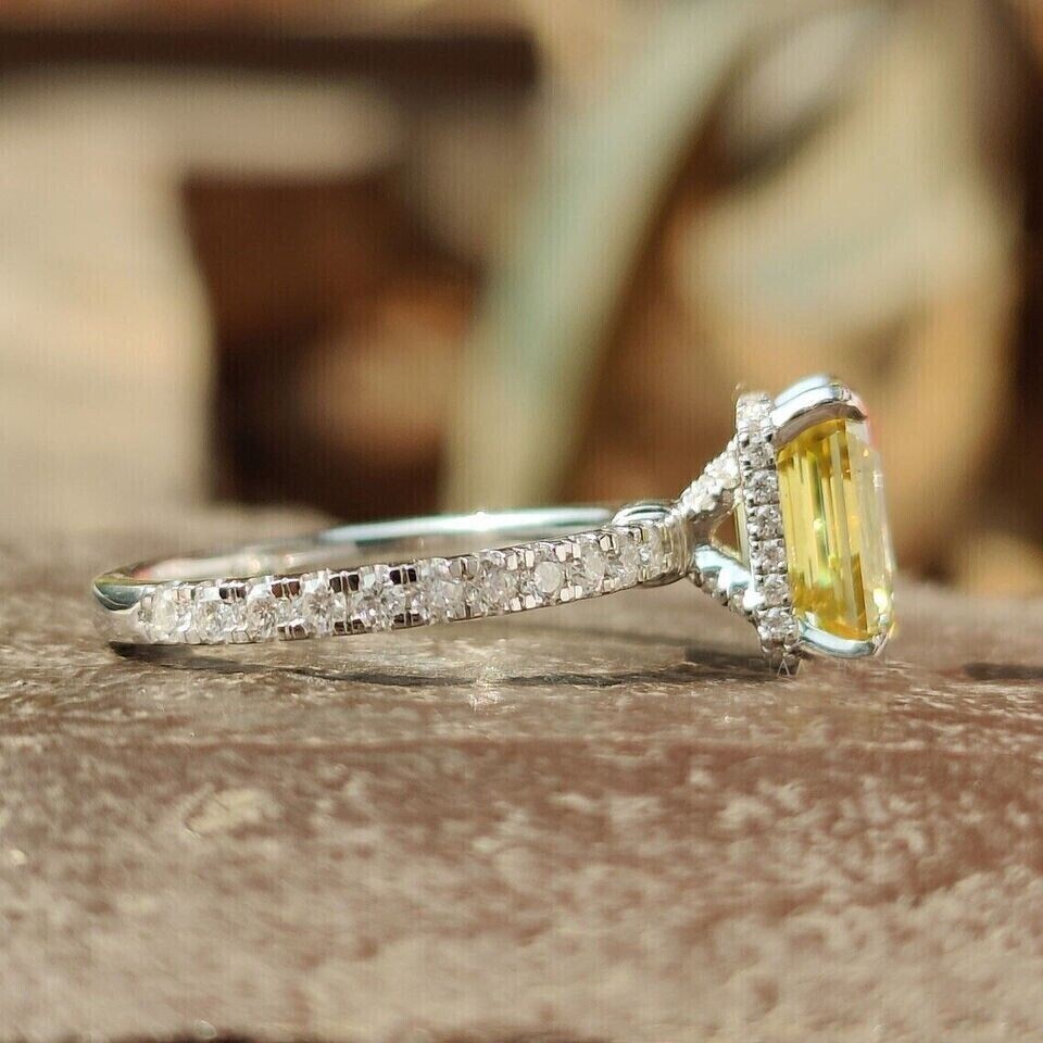2CT Emerald Cut Simulated Yellow Citrine Engagement Ring 14K White Gold Plated