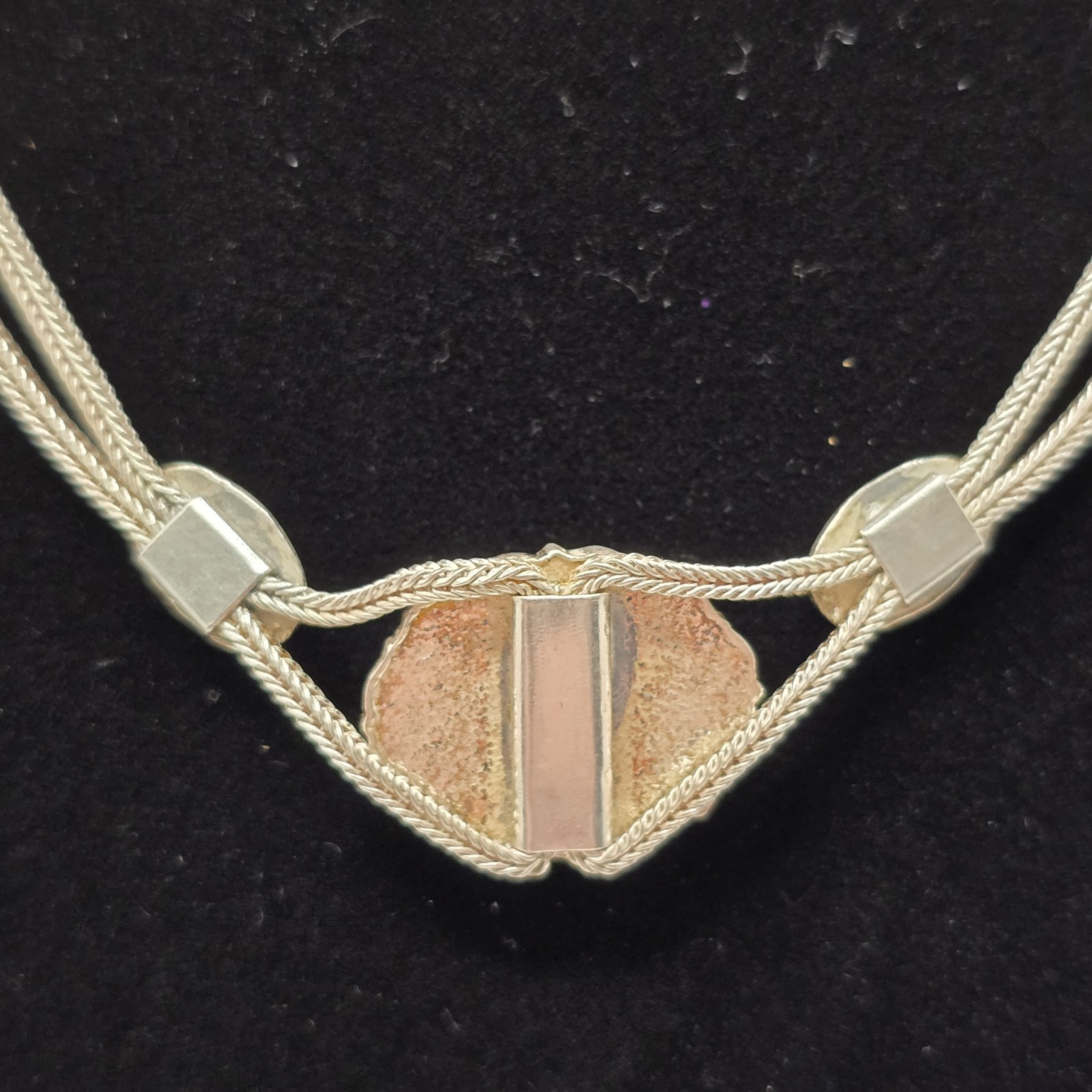 Vintage Sterling Silver Double Strand Fox Tail Link Hawk Eye Necklace 16.75 Inch