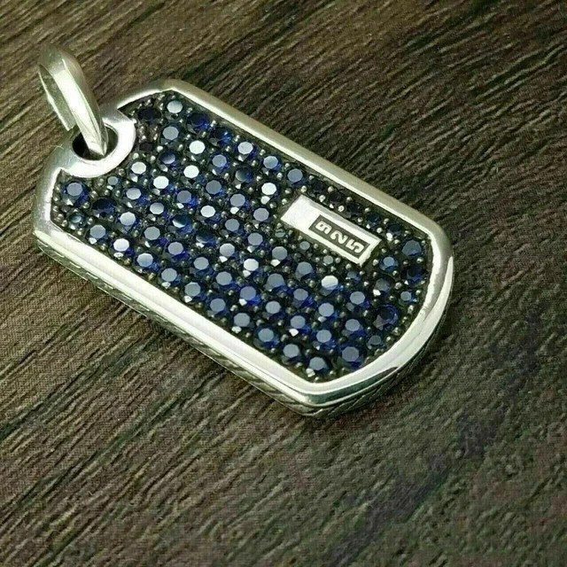 3Ct Round Simulated Sapphire Diamond Men Dog Tag Pendant 14K White Gold Plated
