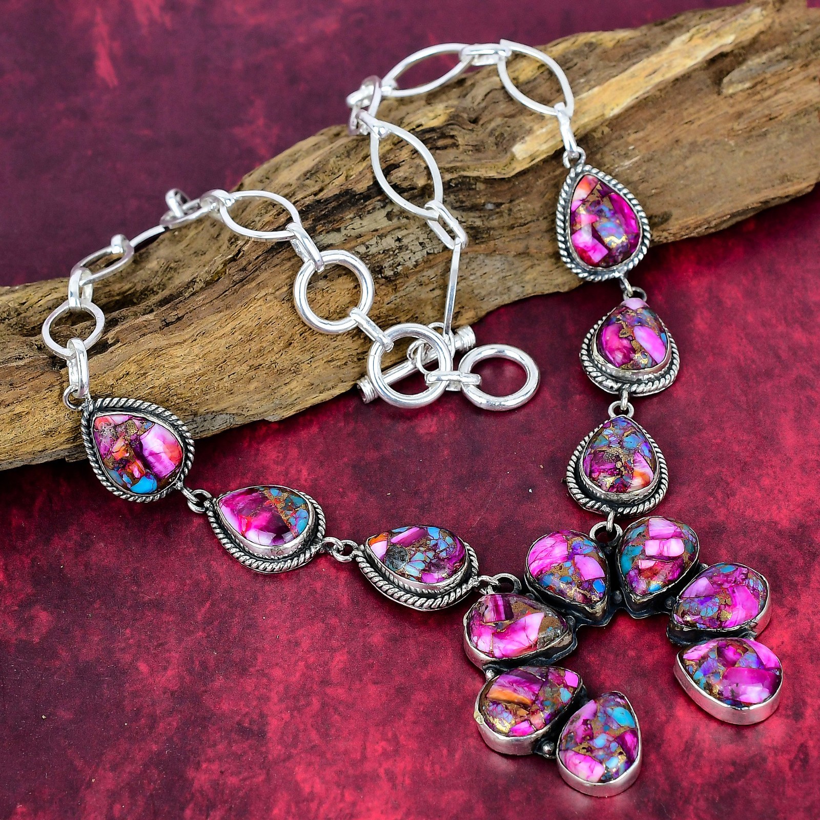Pink Spiny Oyster Gemstone Handmade 925 Solid Silver Designer Necklace Jewelry