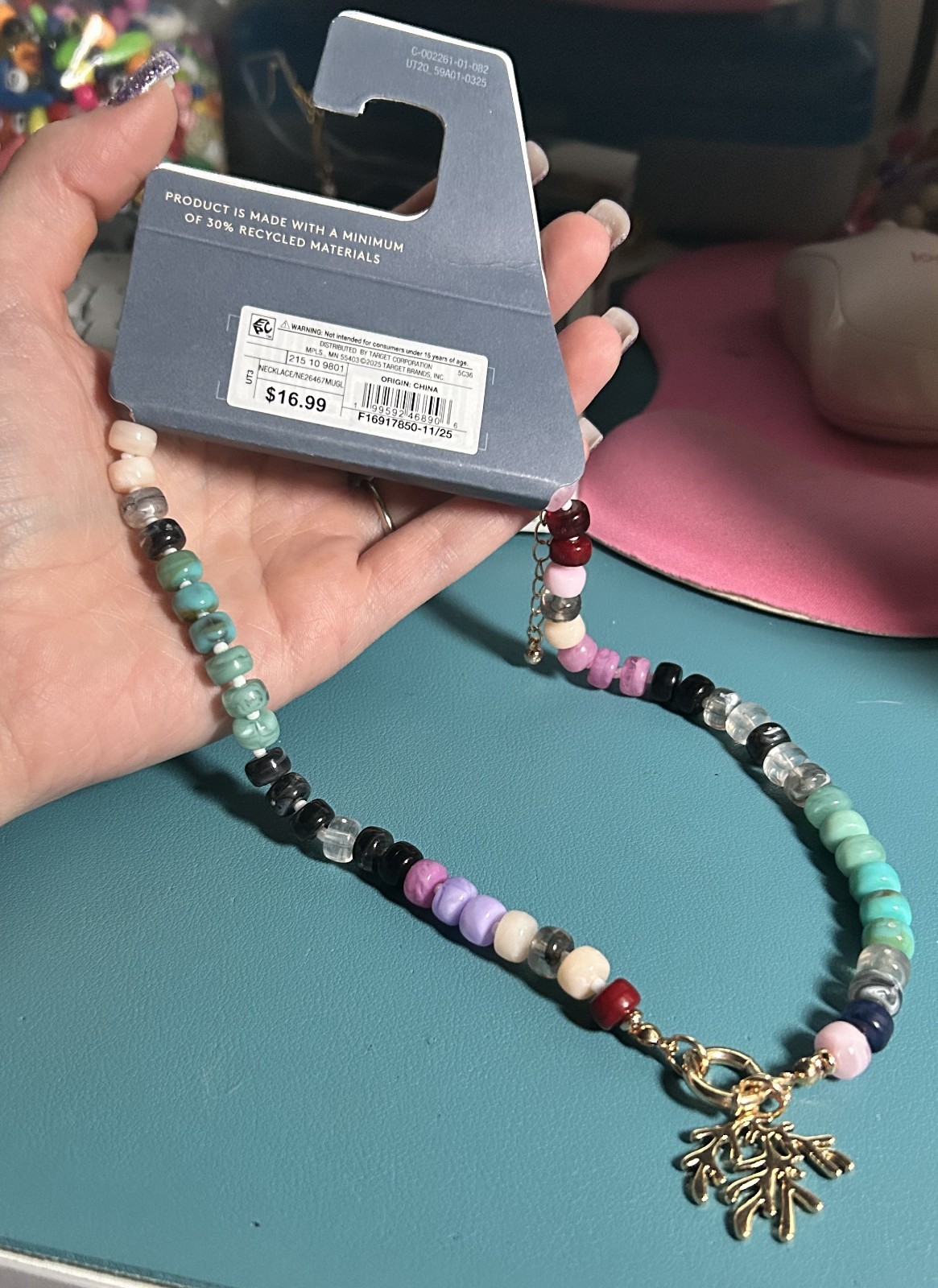 Universal Thread Beaded Coral Branch Charm Necklace Multi Color Gold Tone NWT