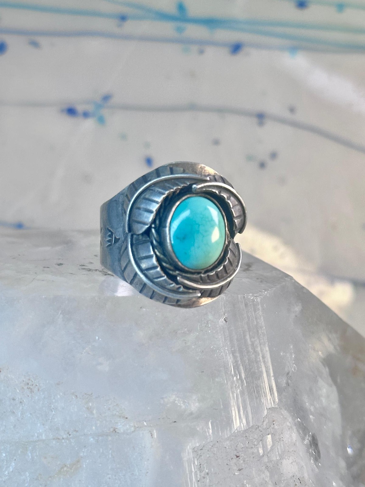Navajo Ring Turquoise wide band leaves size 10.7 southwest sterling silver women