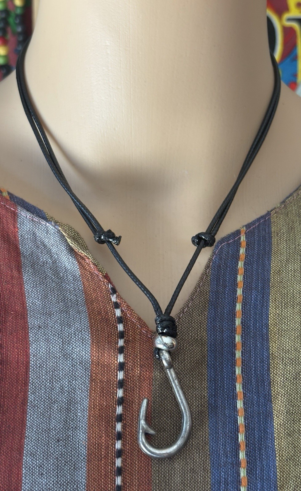 Fish Hook Charm Pendant Black Cord Necklace Nautical Theme Adjustable No Clasp