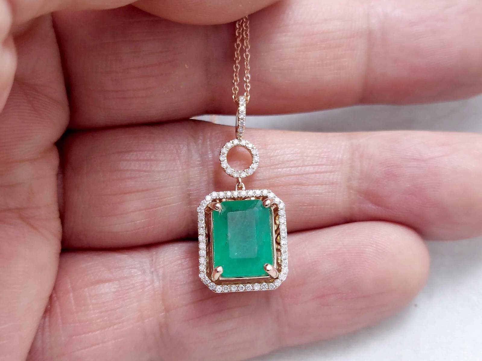 2.93Ct Genuine Natural Mined Emerald & Diamond Pendant In Solid 14K Rose Gold