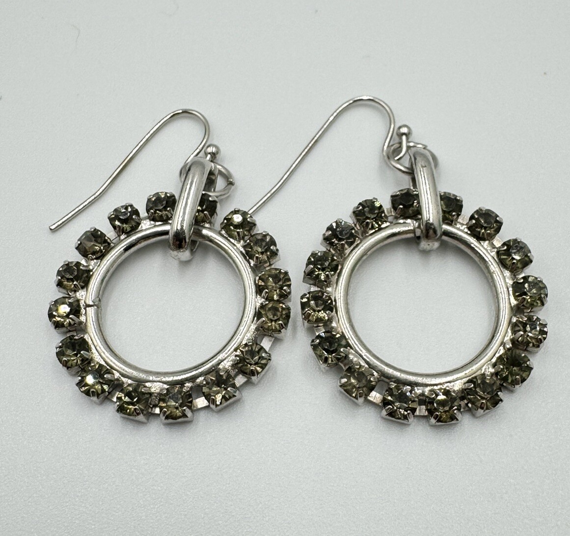 Silver Tone Gray Green Prong Set Pavé Crystal Glass Circle Dangle Earrings