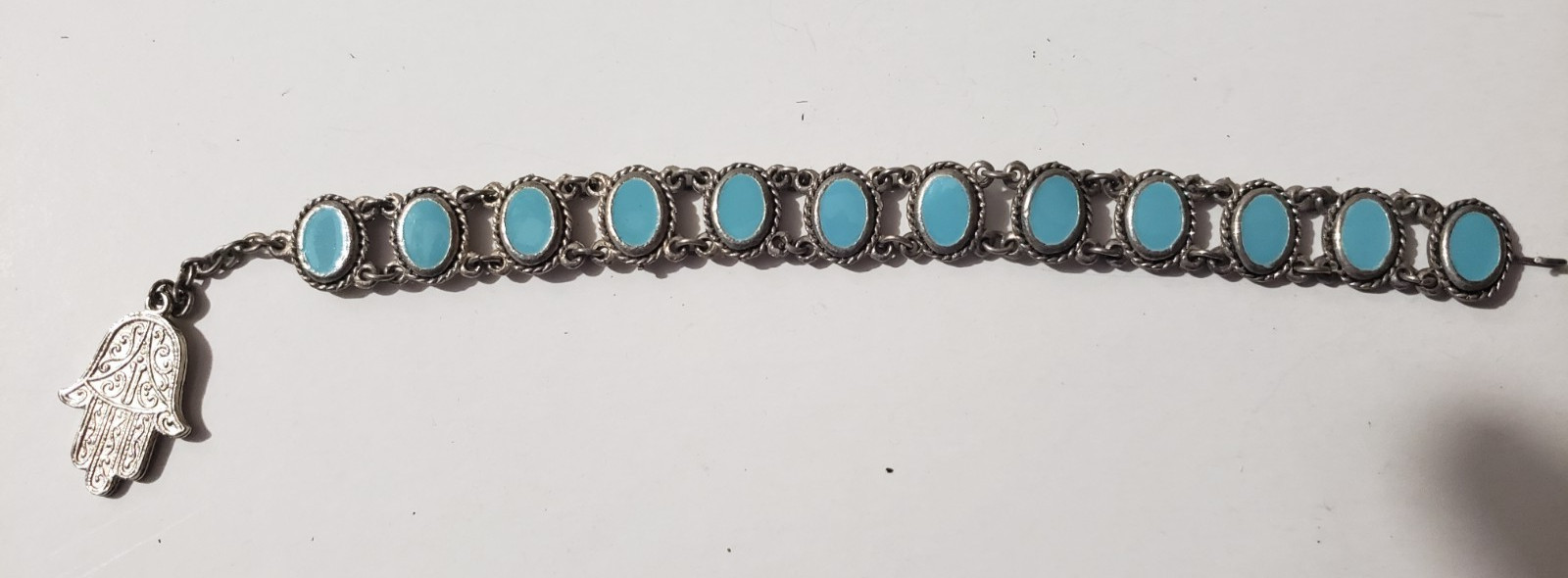 Turkish HAMSA Bracelet w/ silver-colored and blue enamel links, NOS