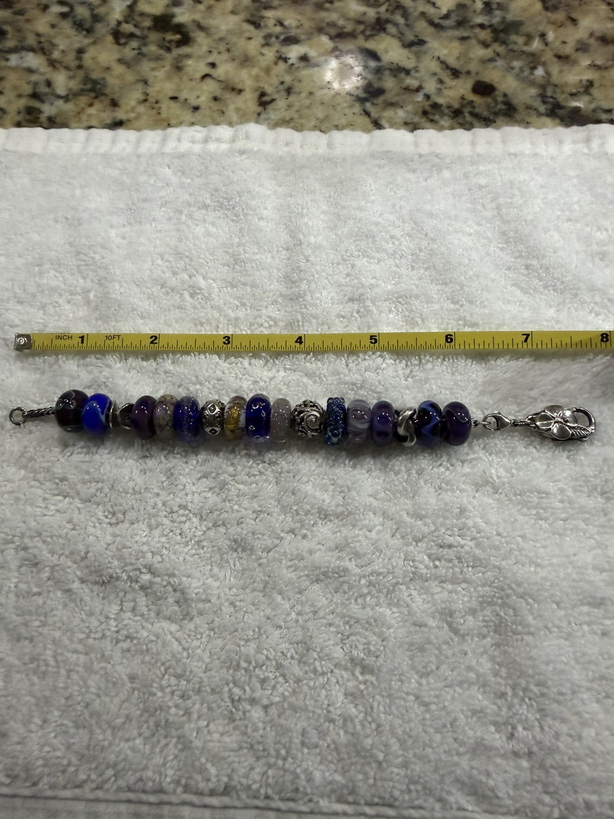 Trollbeads SS 7.5 inch Charm Bracelet with 17 Retired Charms in Blues & Purples