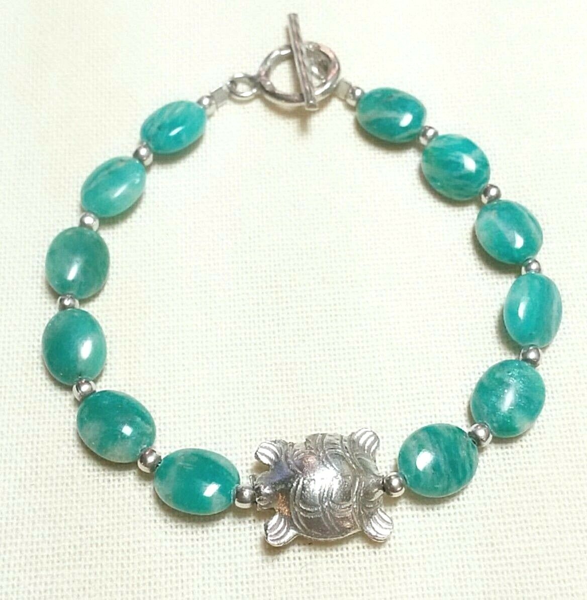 AMAZONITE HANDMADE TURTLE HILL TRIBE FINE SILVER (95-99% PURE) TOGGLE BRACELET