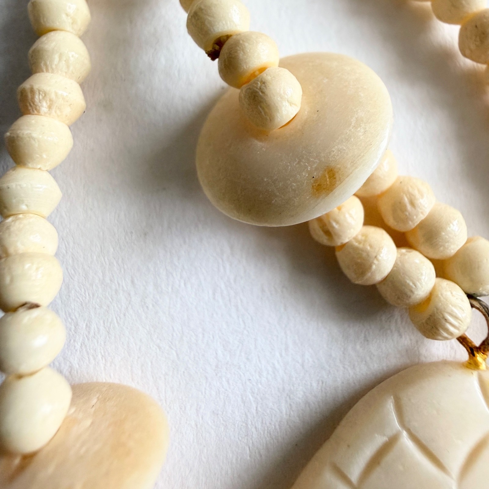 Vintage Fetish Carved Bone Purple Stone Lariat Necklace Butterfly Turtle Apple