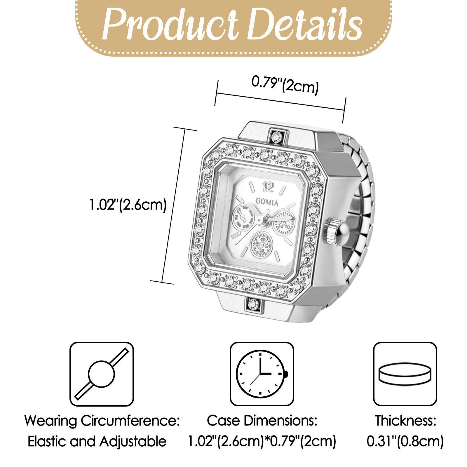Bling Rhinestone Square Dial Elastic Finger Ring Quartz Watch Stretch Band